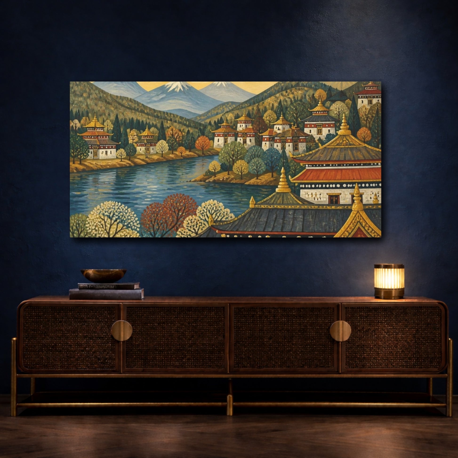 Mockup 4. Golden Roofs By The River shown as canvas print