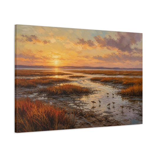 Main Mockup. Golden Salt Marsh Sunset shown as canvas print