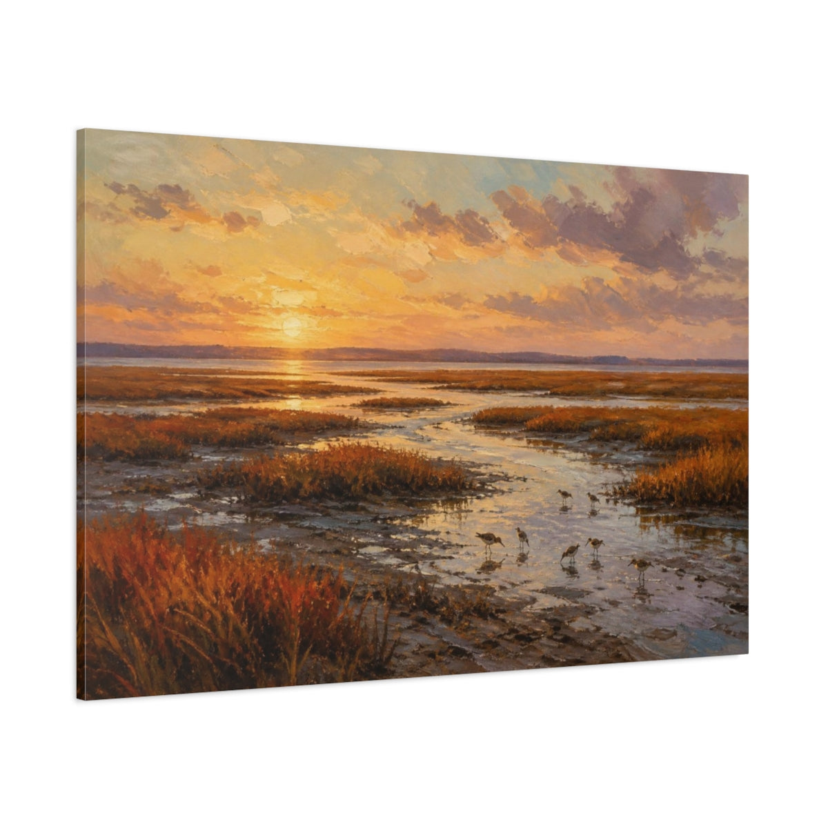 Side Mockup 1. Golden Salt Marsh Sunset shown as canvas print