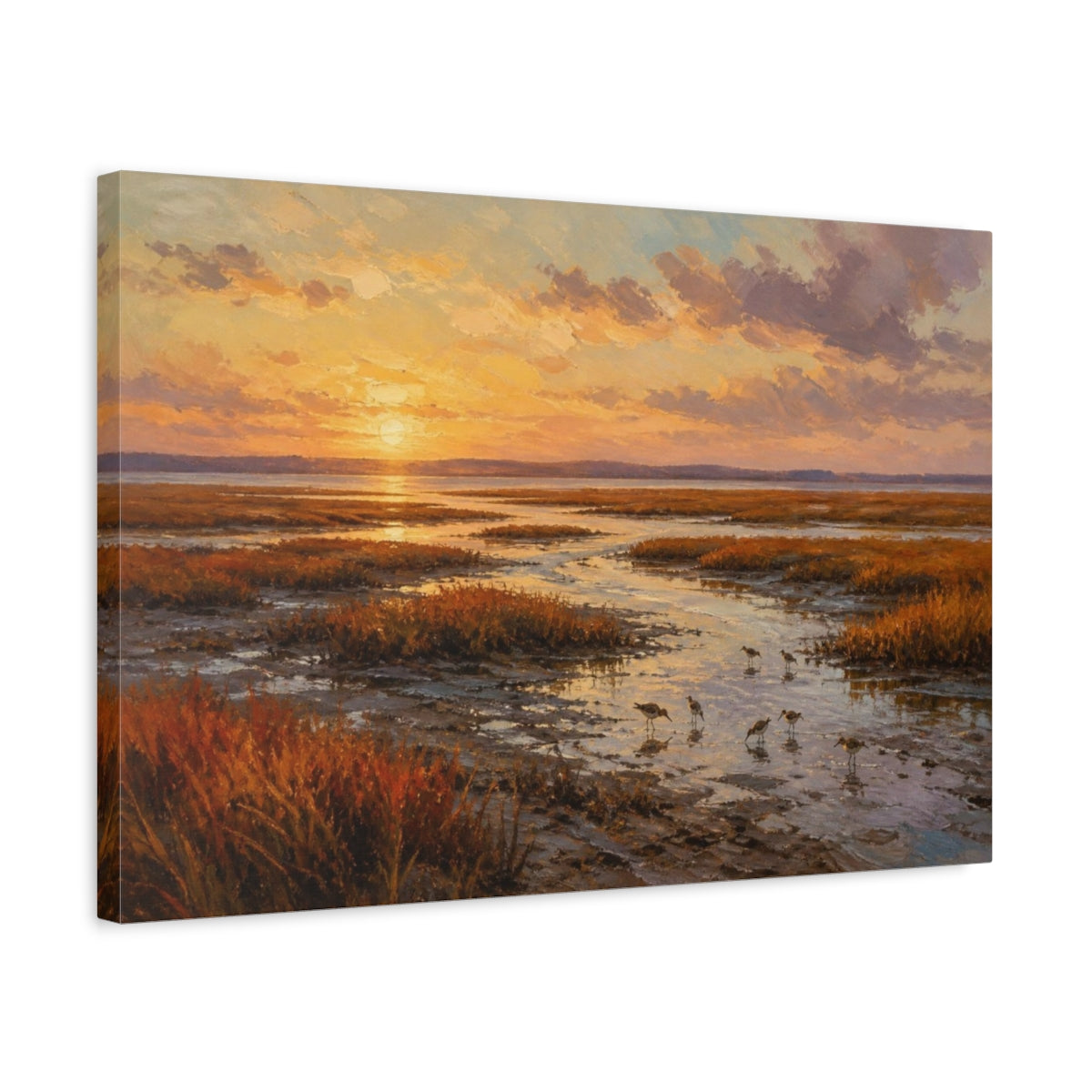 Side Mockup 3. Golden Salt Marsh Sunset shown as canvas print