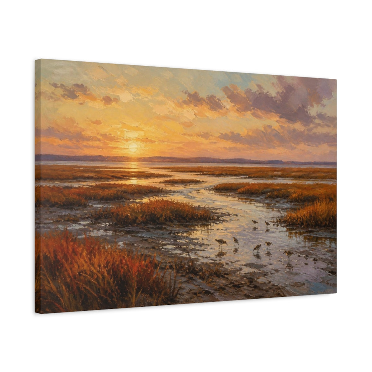 Side Mockup 2. Golden Salt Marsh Sunset shown as canvas print