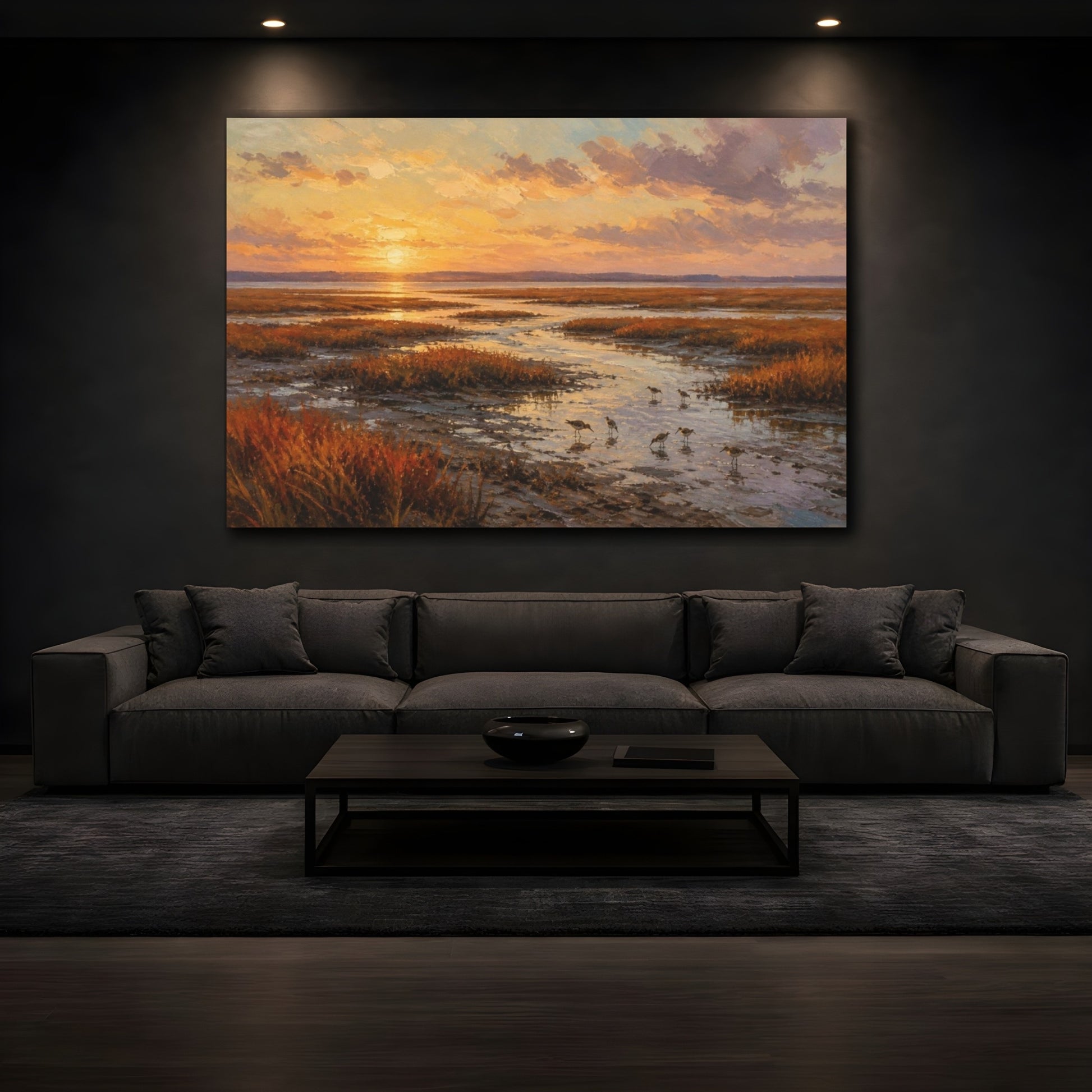 Mockup 3. Golden Salt Marsh Sunset shown as canvas print