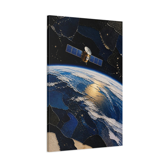 Main Mockup. Golden Satellite Over Earth shown as canvas print