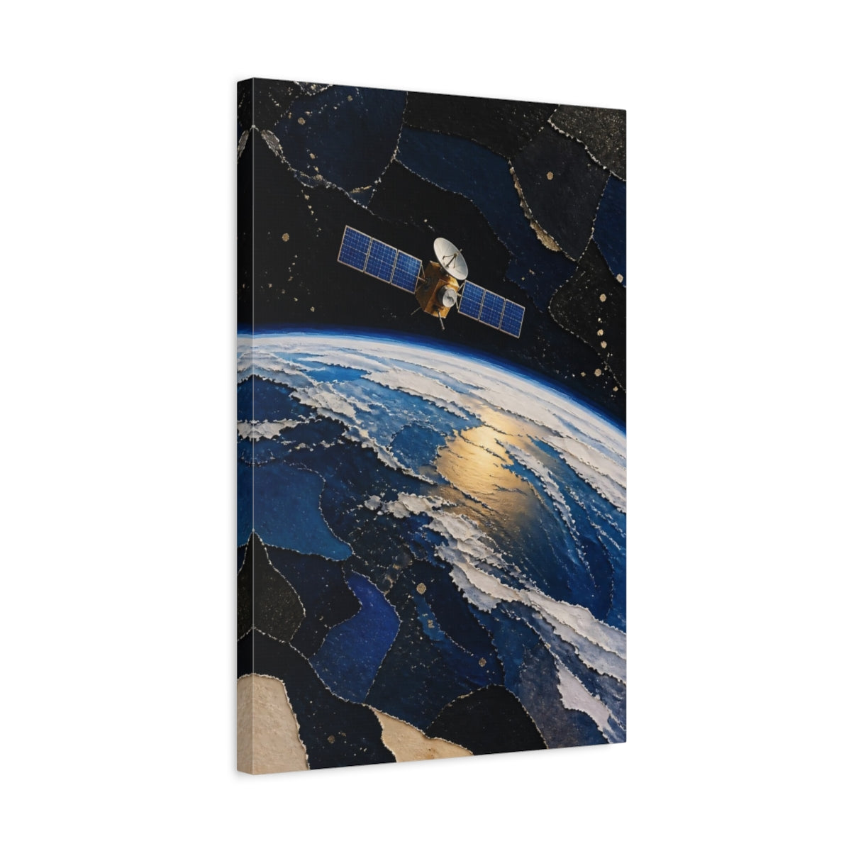 Side Mockup 3. Golden Satellite Over Earth shown as canvas print