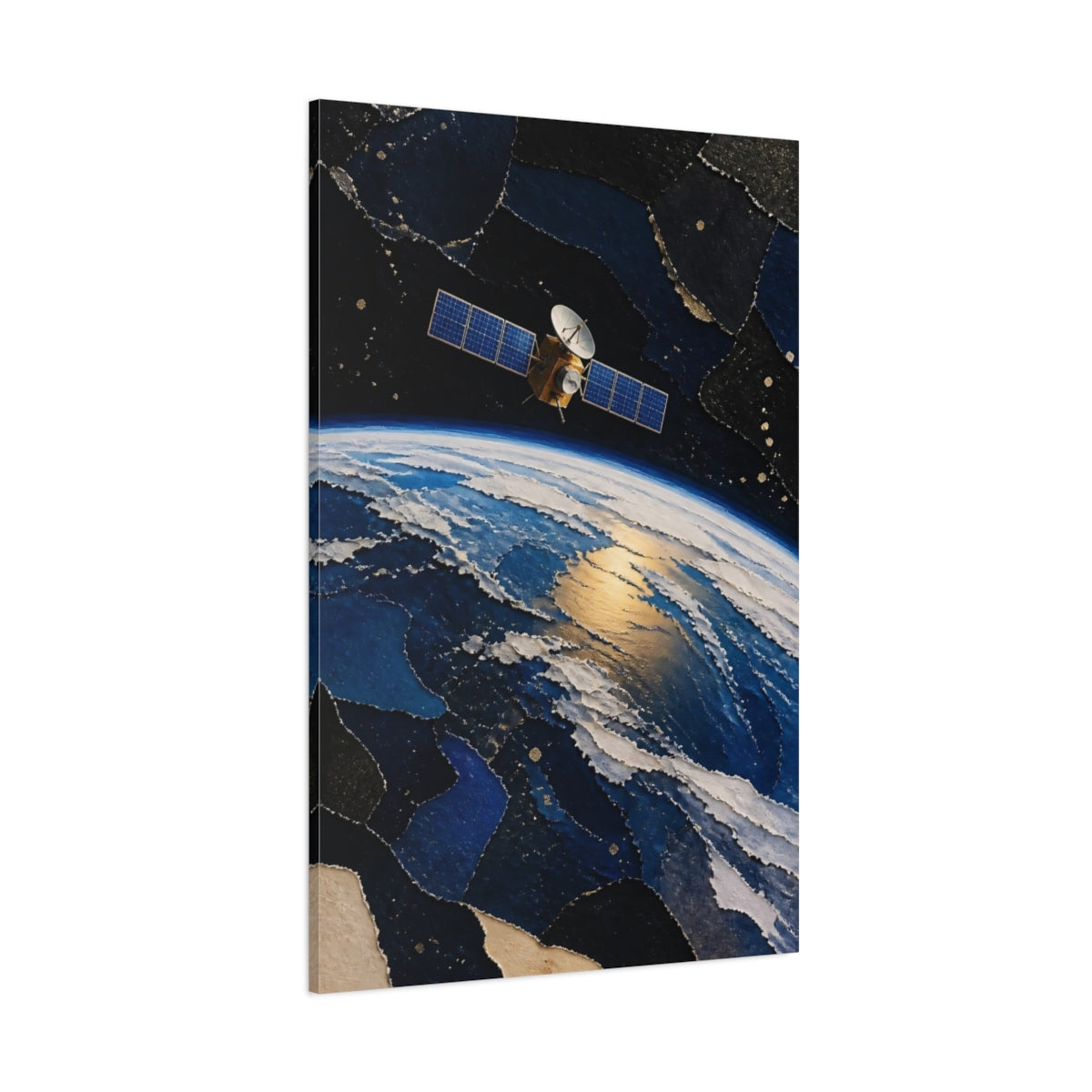 Side Mockup 1. Golden Satellite Over Earth shown as canvas print