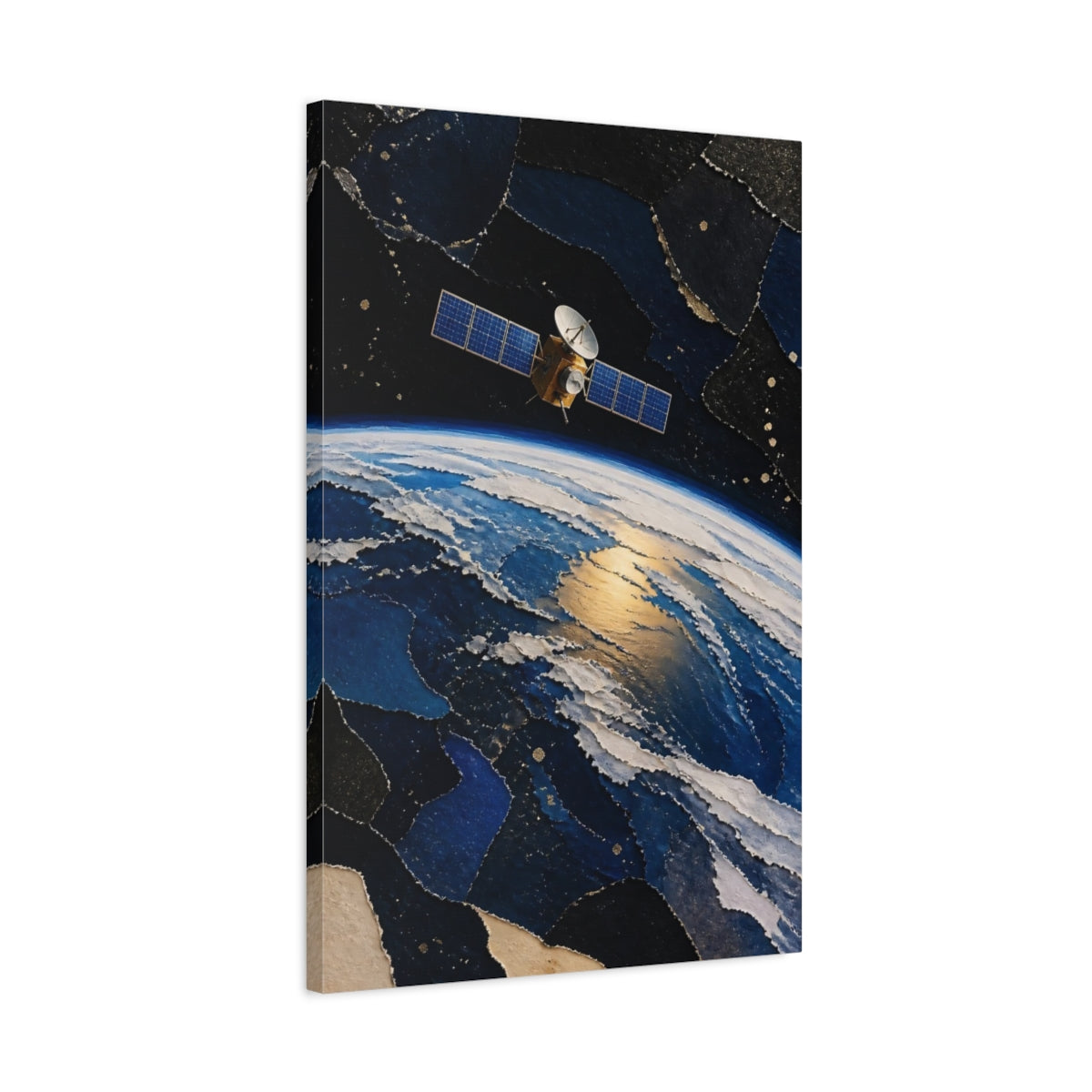 Side Mockup 2. Golden Satellite Over Earth shown as canvas print