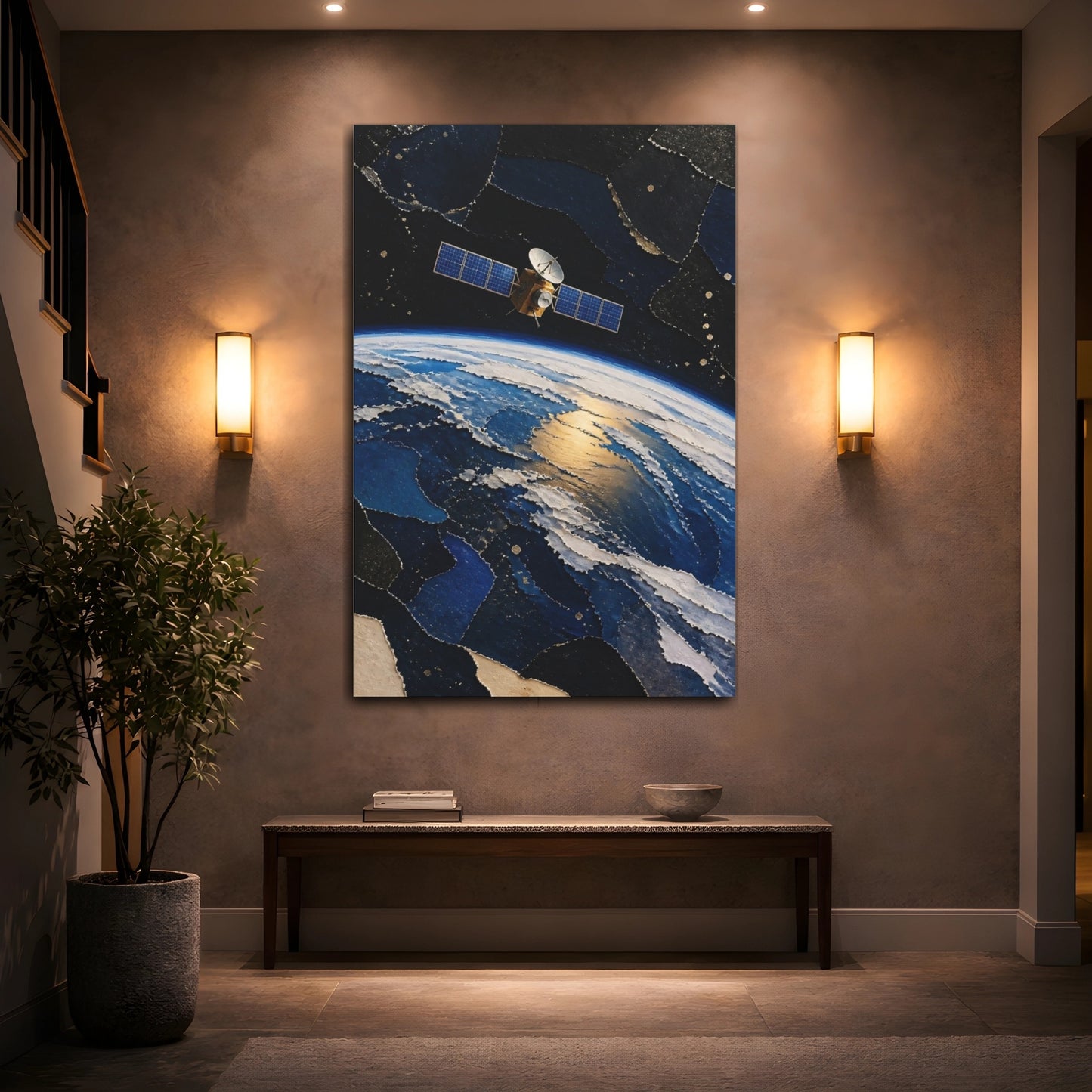 Mockup 2. Golden Satellite Over Earth shown as canvas print