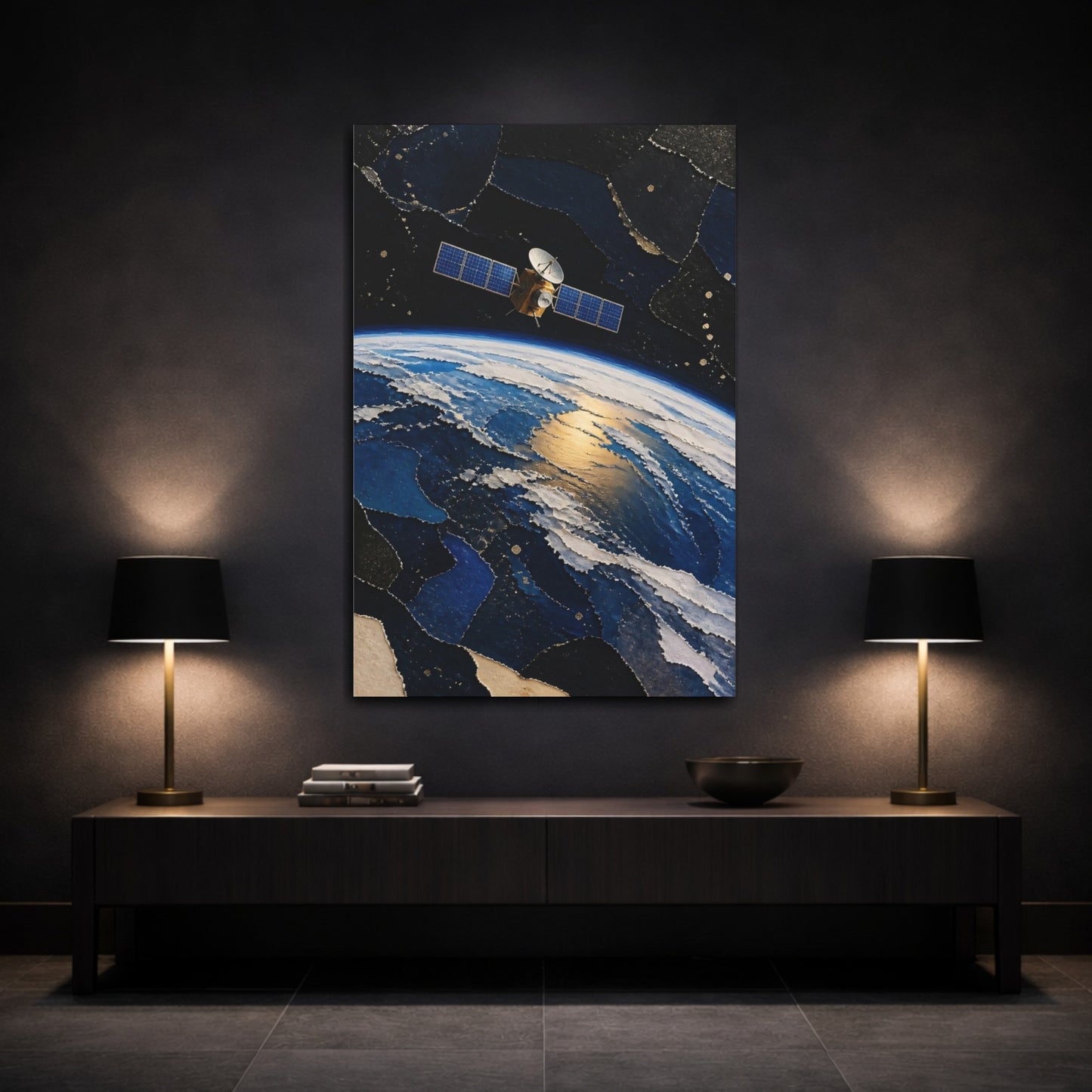 Mockup 3. Golden Satellite Over Earth shown as canvas print