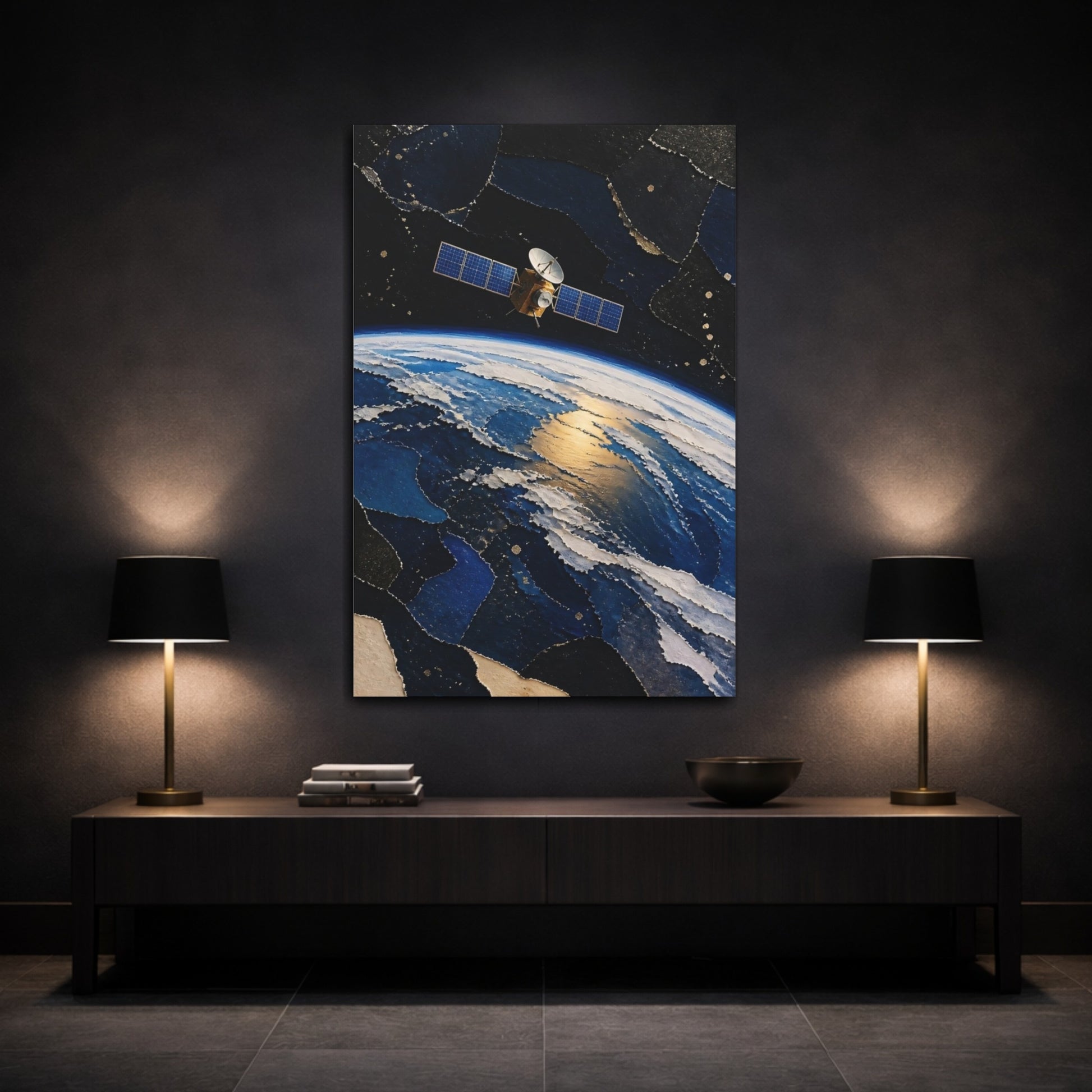 Mockup 3. Golden Satellite Over Earth shown as canvas print