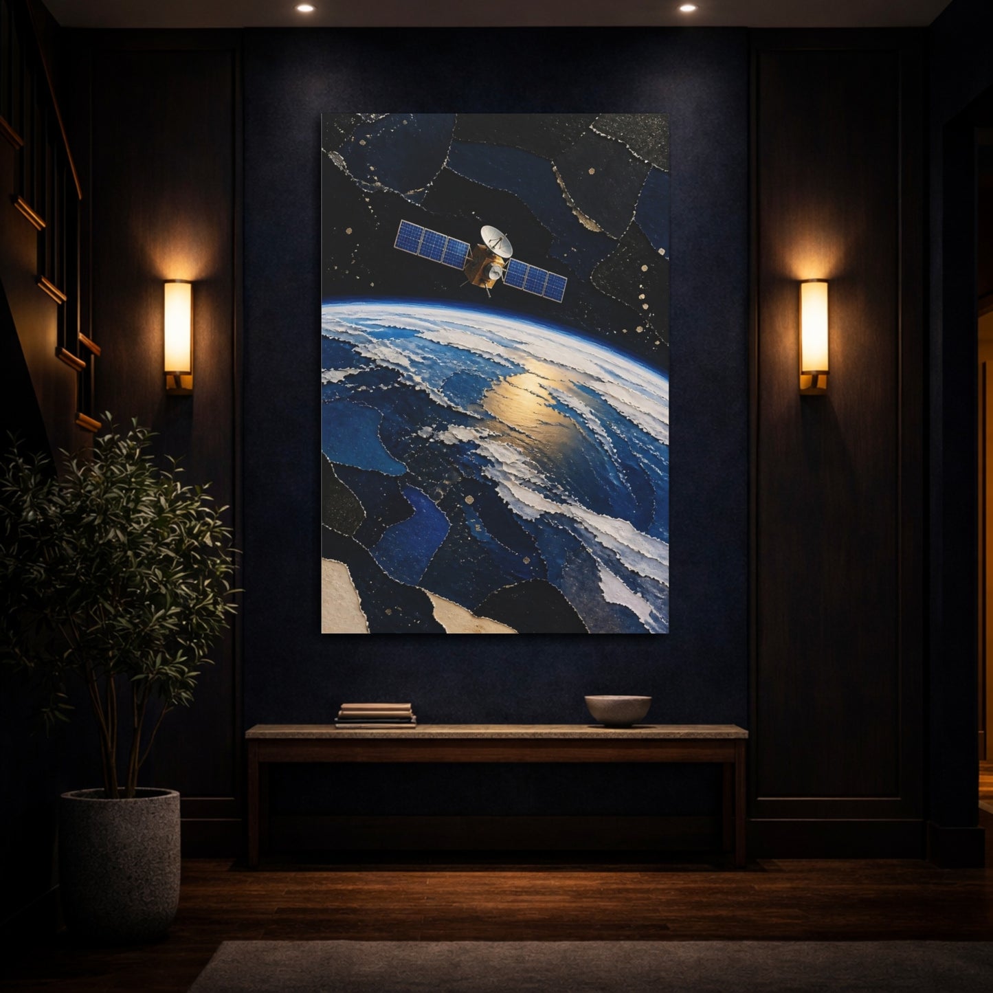 Mockup 4. Golden Satellite Over Earth shown as canvas print