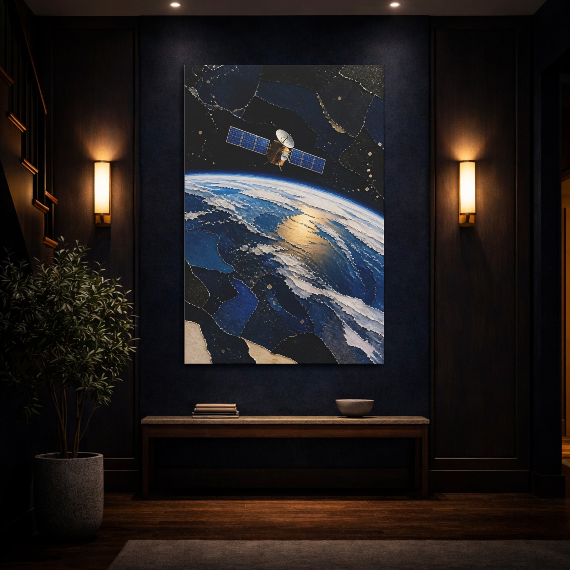 Mockup 4. Golden Satellite Over Earth shown as canvas print
