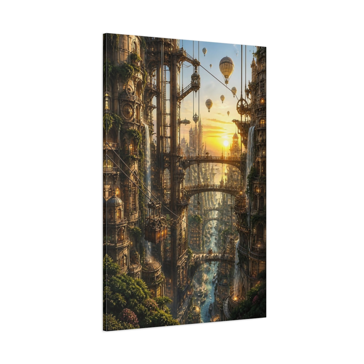 Side Mockup 1. Golden Sky City At Sunset shown as canvas print