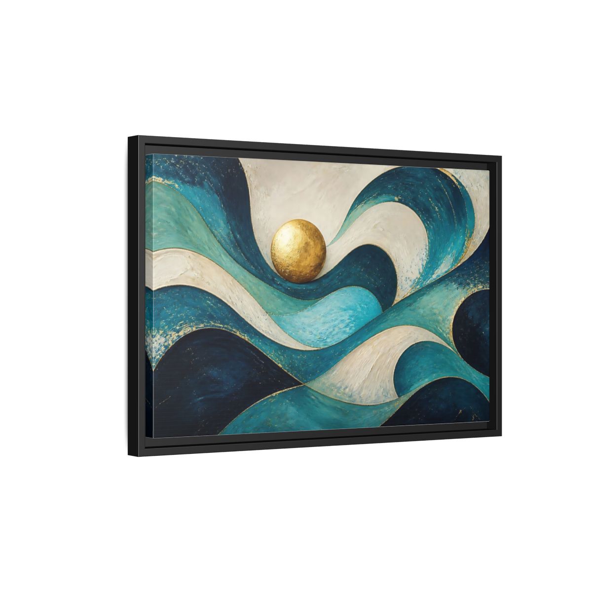 Side Mockup 3. Golden Sphere Over Teal Waves shown as framed canvas print