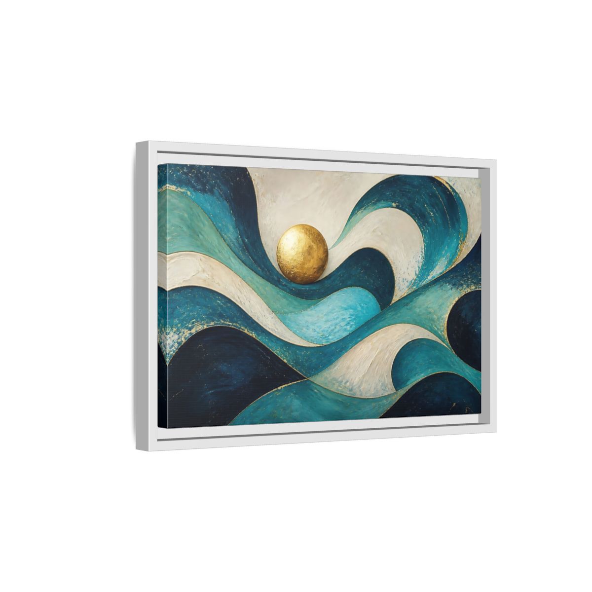 Side Mockup 4. Golden Sphere Over Teal Waves shown as framed canvas print