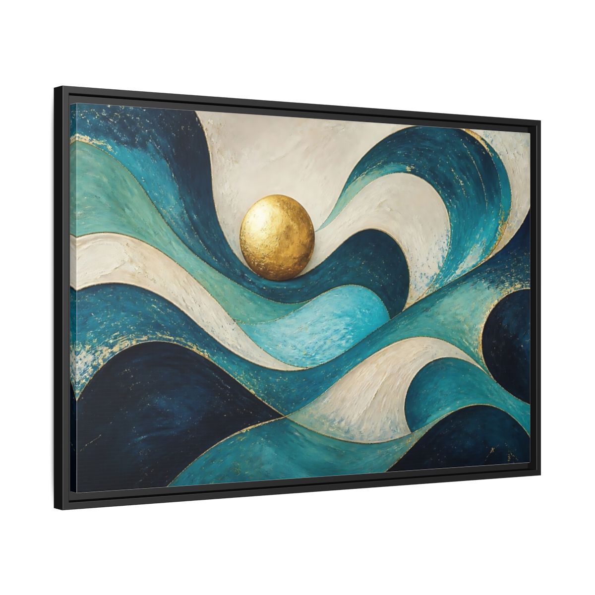 Side Mockup 13. Golden Sphere Over Teal Waves shown as framed canvas print