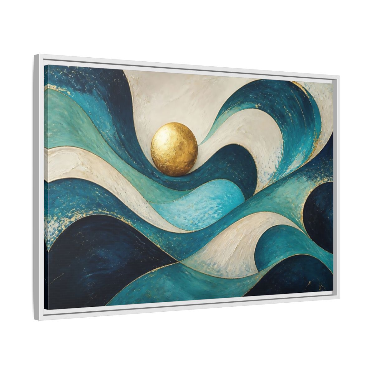 Side Mockup 9. Golden Sphere Over Teal Waves shown as framed canvas print