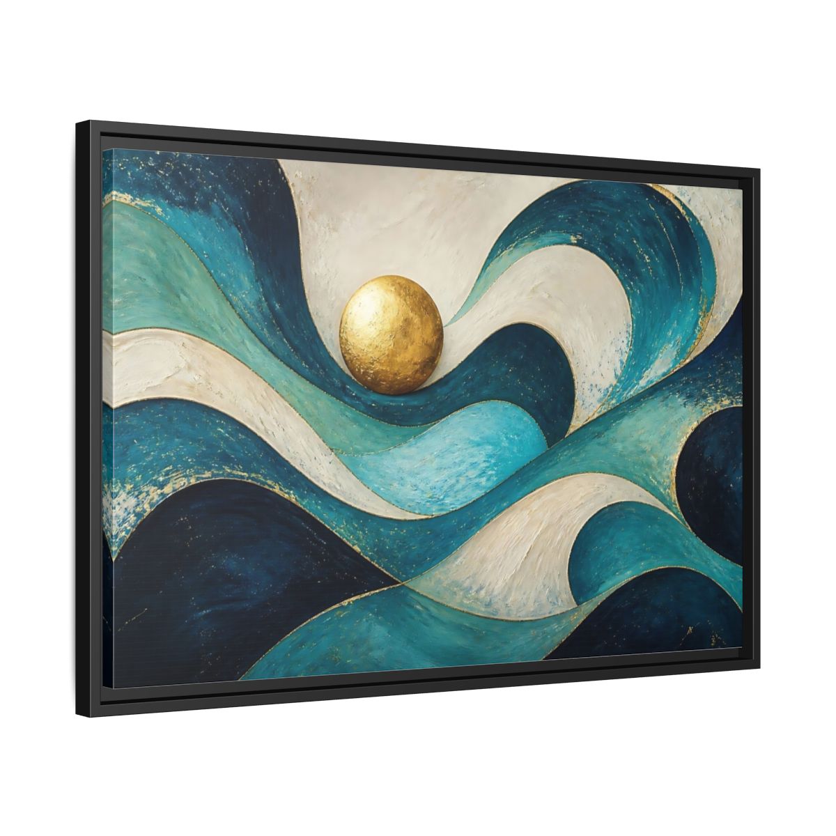 Side Mockup 14. Golden Sphere Over Teal Waves shown as framed canvas print
