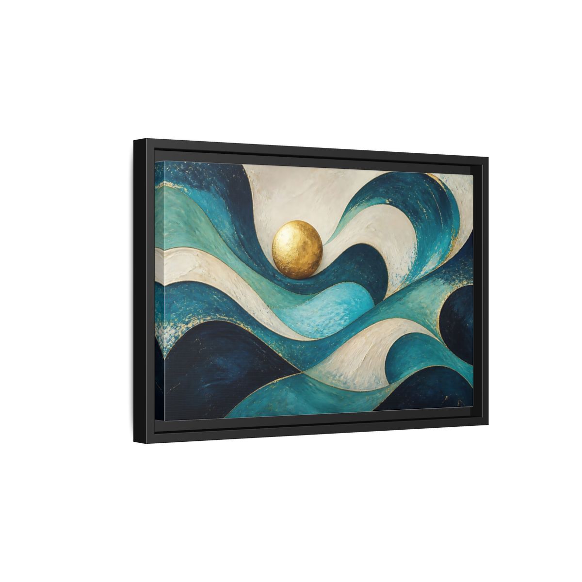 Side Mockup 6. Golden Sphere Over Teal Waves shown as framed canvas print