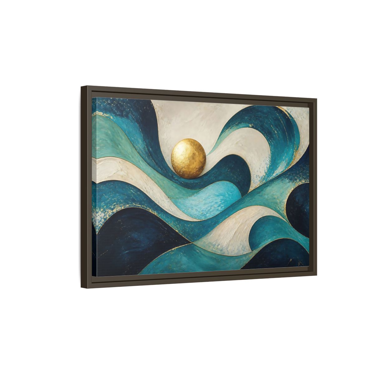 Side Mockup 2. Golden Sphere Over Teal Waves shown as framed canvas print