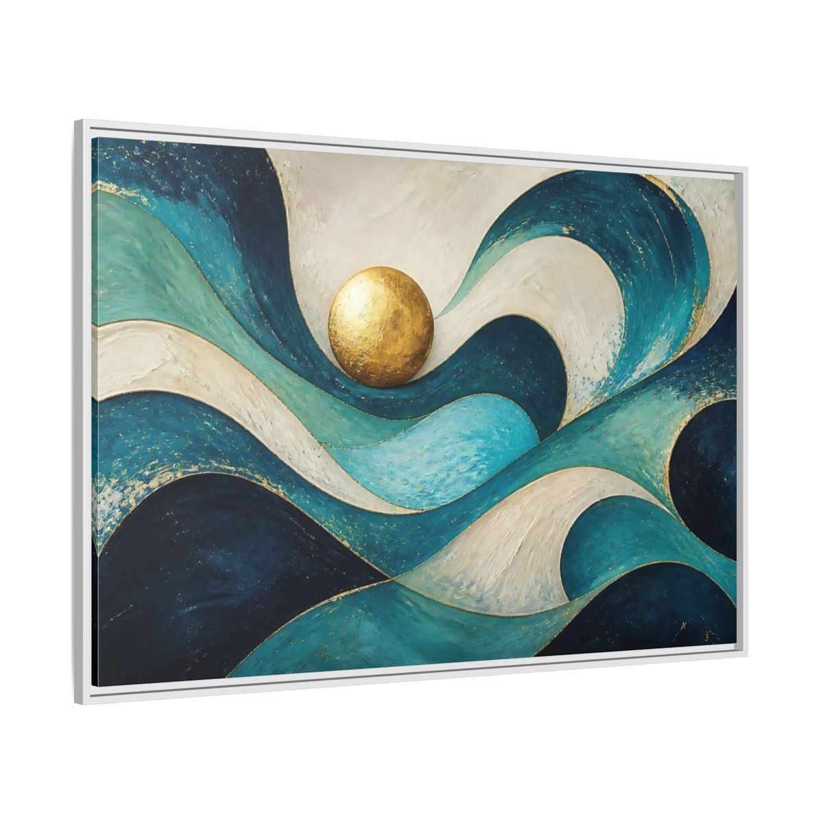 Side Mockup 7. Golden Sphere Over Teal Waves shown as framed canvas print