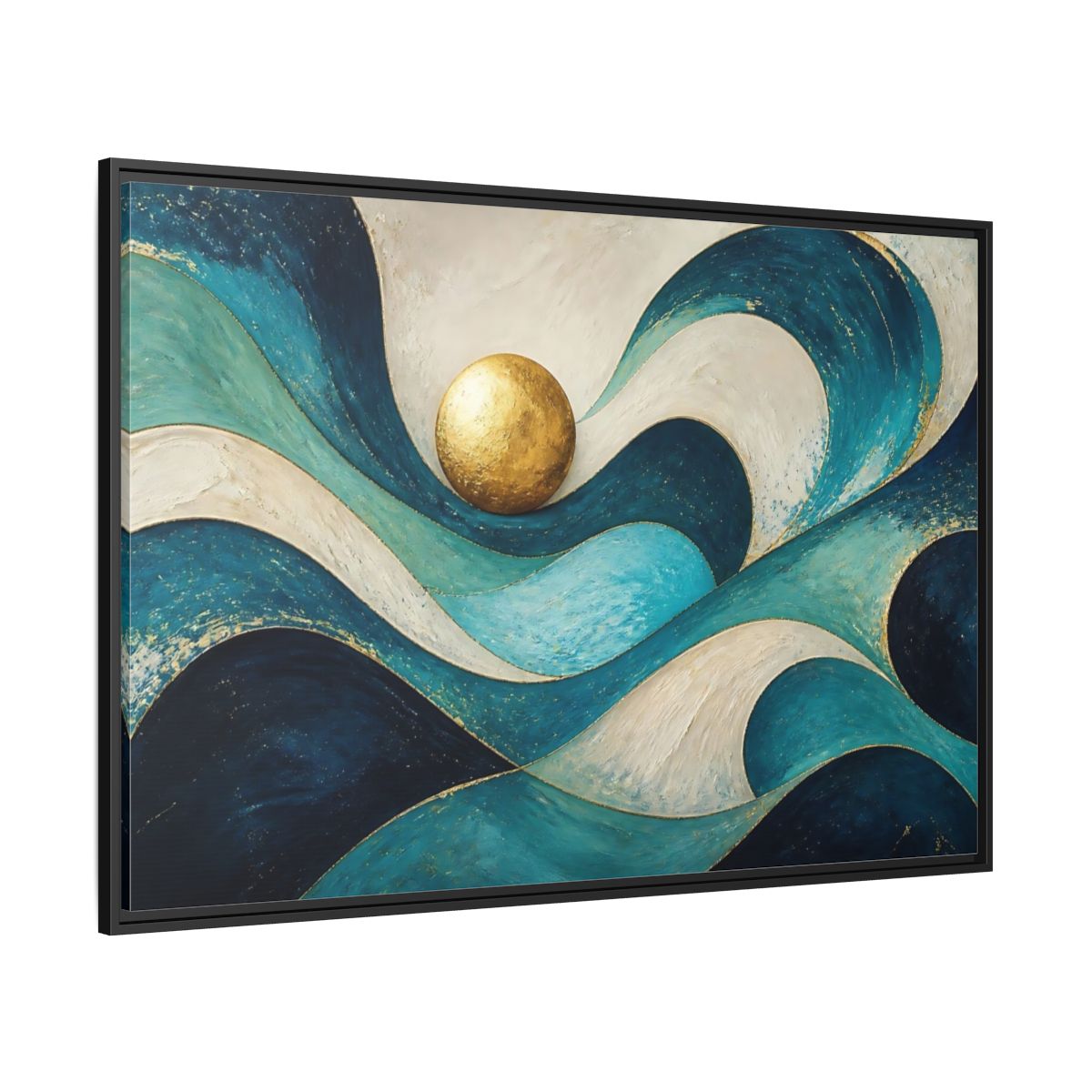 Side Mockup 12. Golden Sphere Over Teal Waves shown as framed canvas print