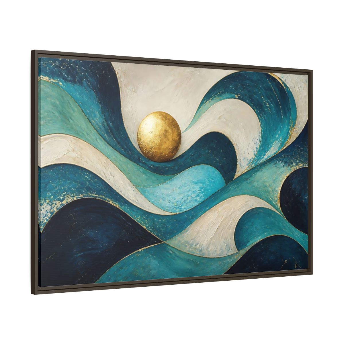 Side Mockup 8. Golden Sphere Over Teal Waves shown as framed canvas print