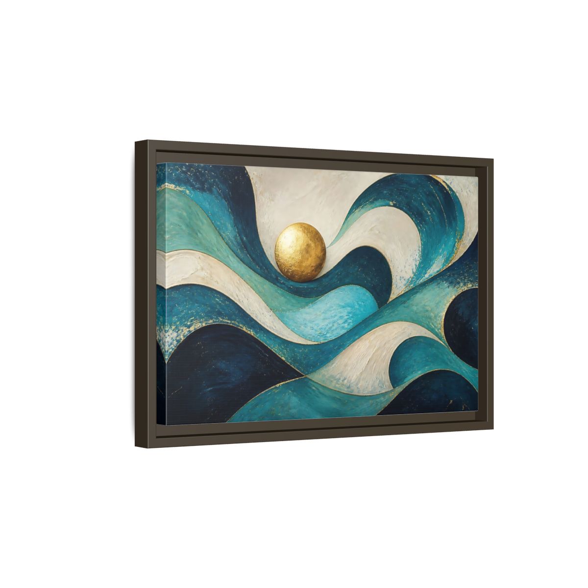 Side Mockup 5. Golden Sphere Over Teal Waves shown as framed canvas print