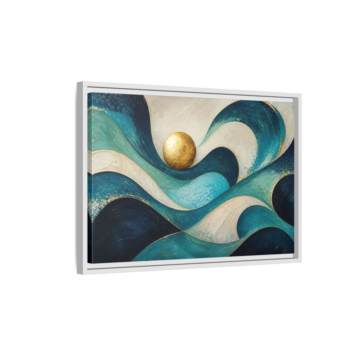 Side Mockup 1. Golden Sphere Over Teal Waves shown as framed canvas print