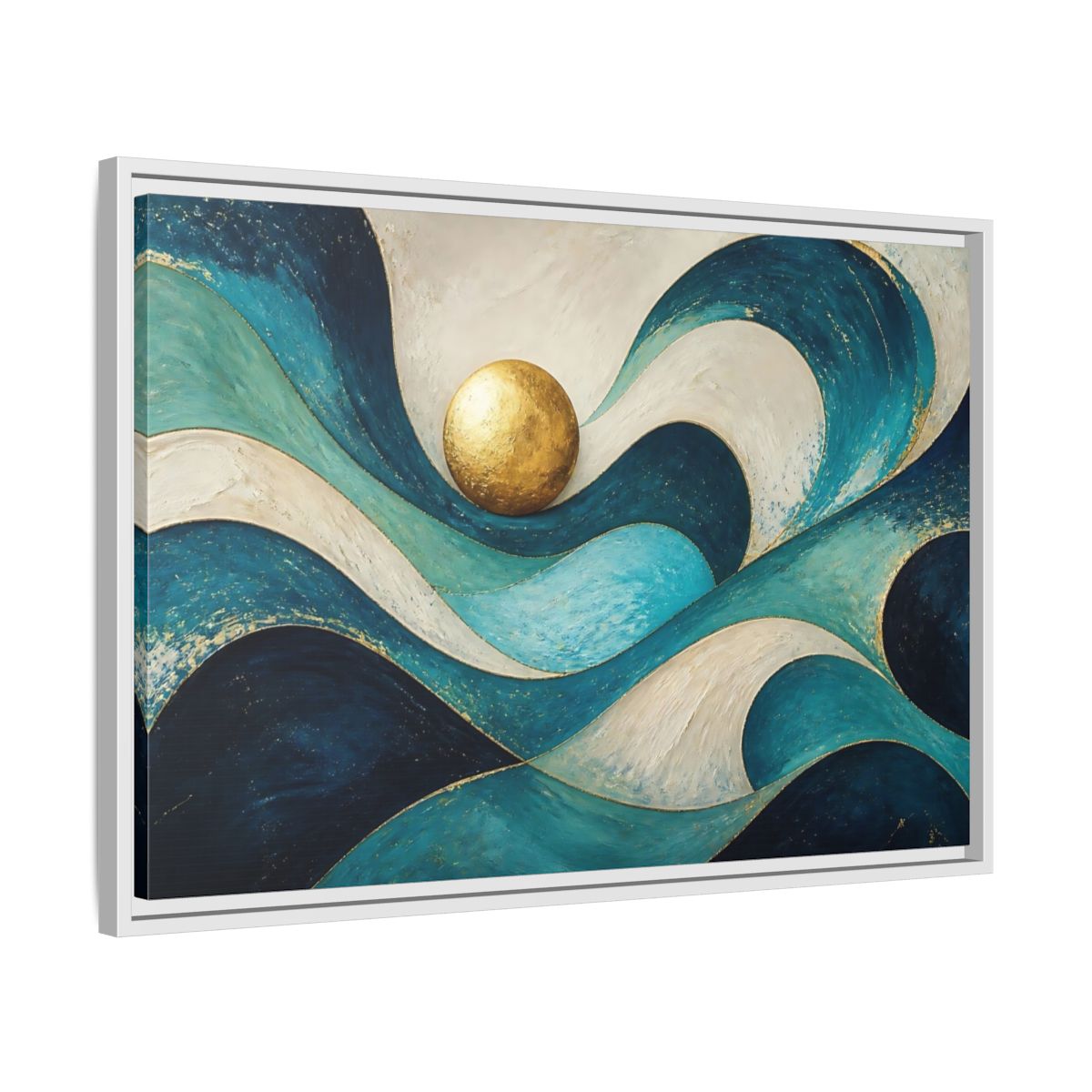 Side Mockup 10. Golden Sphere Over Teal Waves shown as framed canvas print