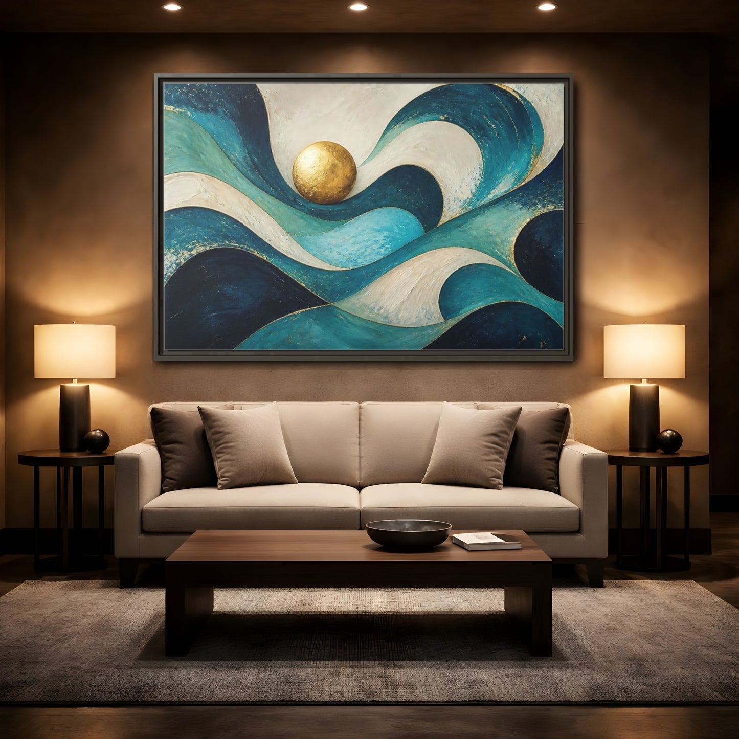 Mockup 2. Golden Sphere Over Teal Waves shown as framed canvas print