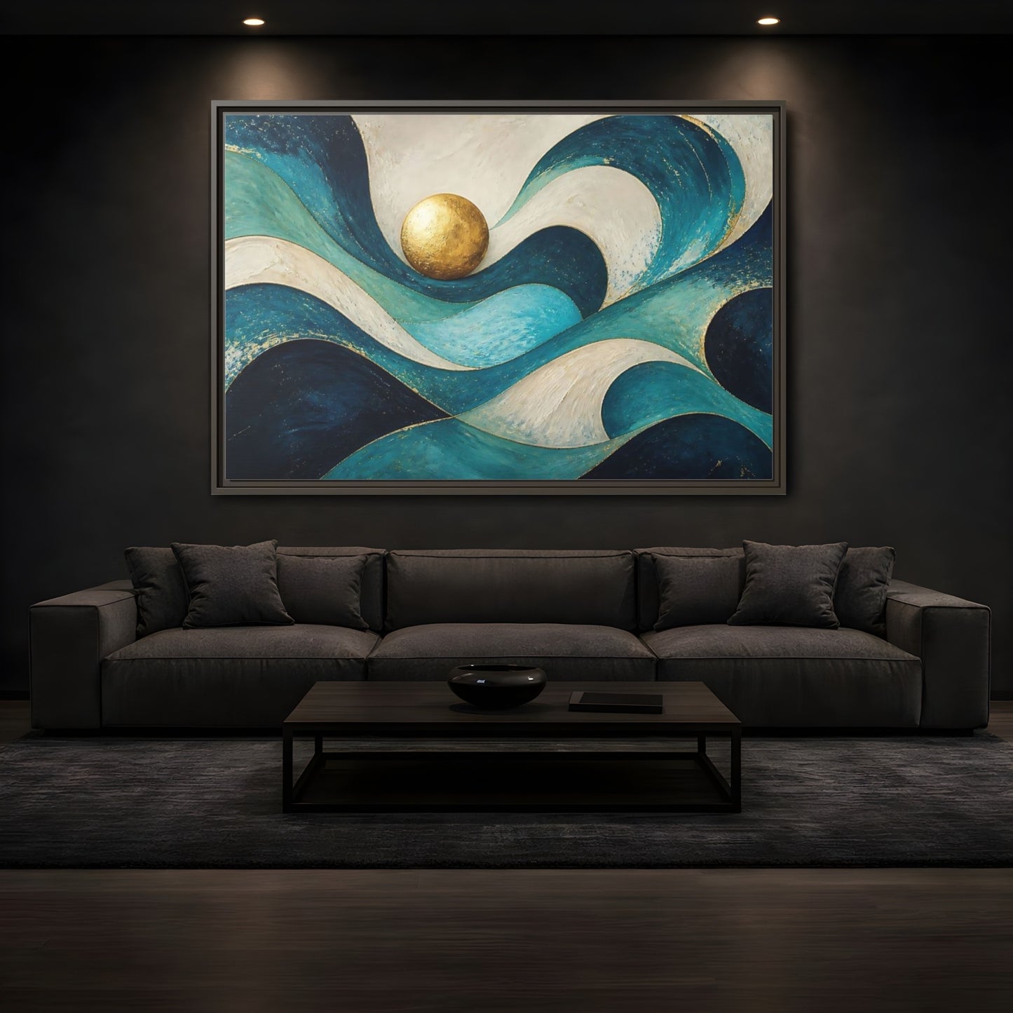 Mockup 3. Golden Sphere Over Teal Waves shown as framed canvas print