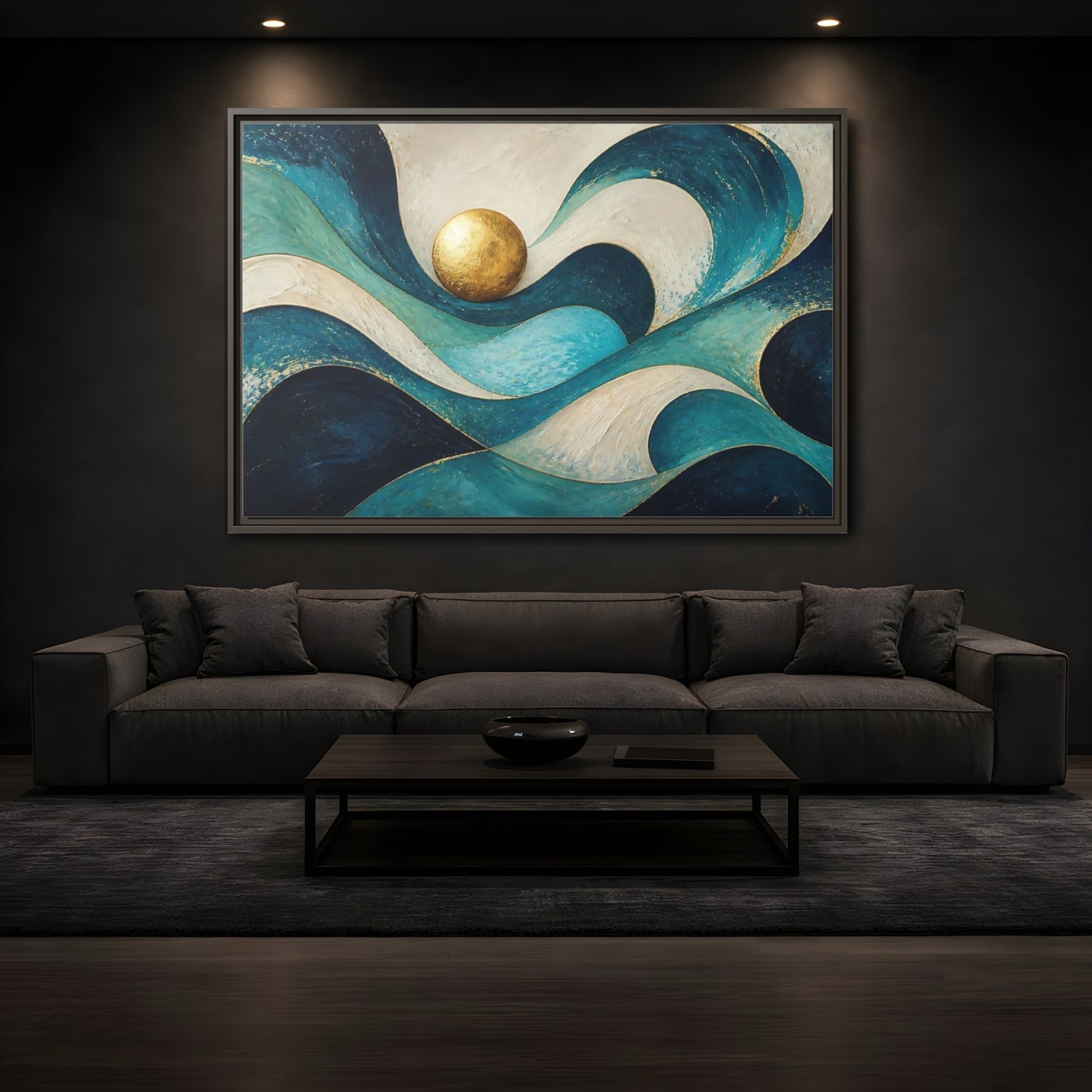 Mockup 3. Golden Sphere Over Teal Waves shown as framed canvas print