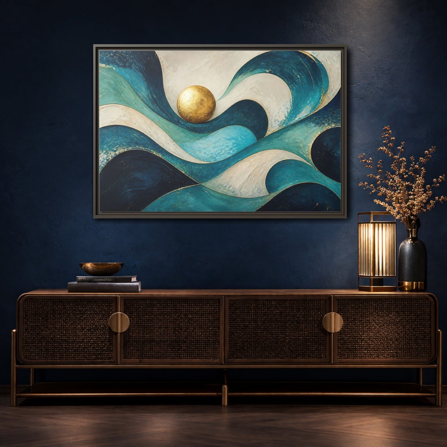 Mockup 4. Golden Sphere Over Teal Waves shown as framed canvas print