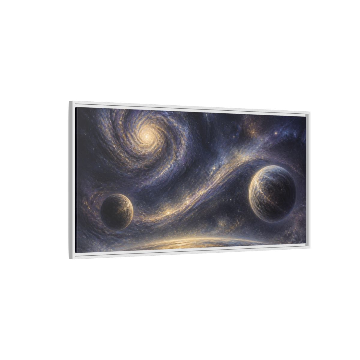 Side Mockup 3. Golden Spiral Galaxy shown as framed canvas print