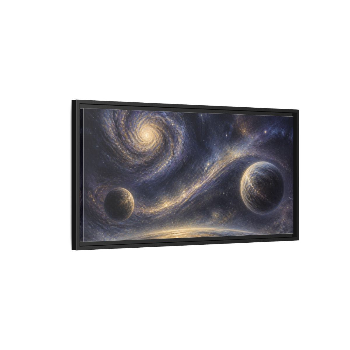 Side Mockup 2. Golden Spiral Galaxy shown as framed canvas print