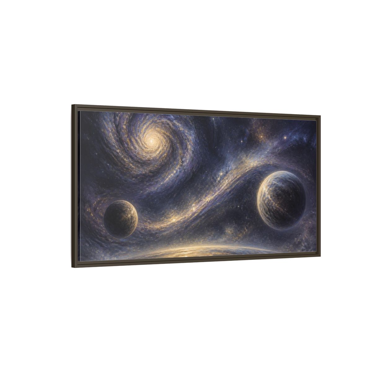Side Mockup 4. Golden Spiral Galaxy shown as framed canvas print