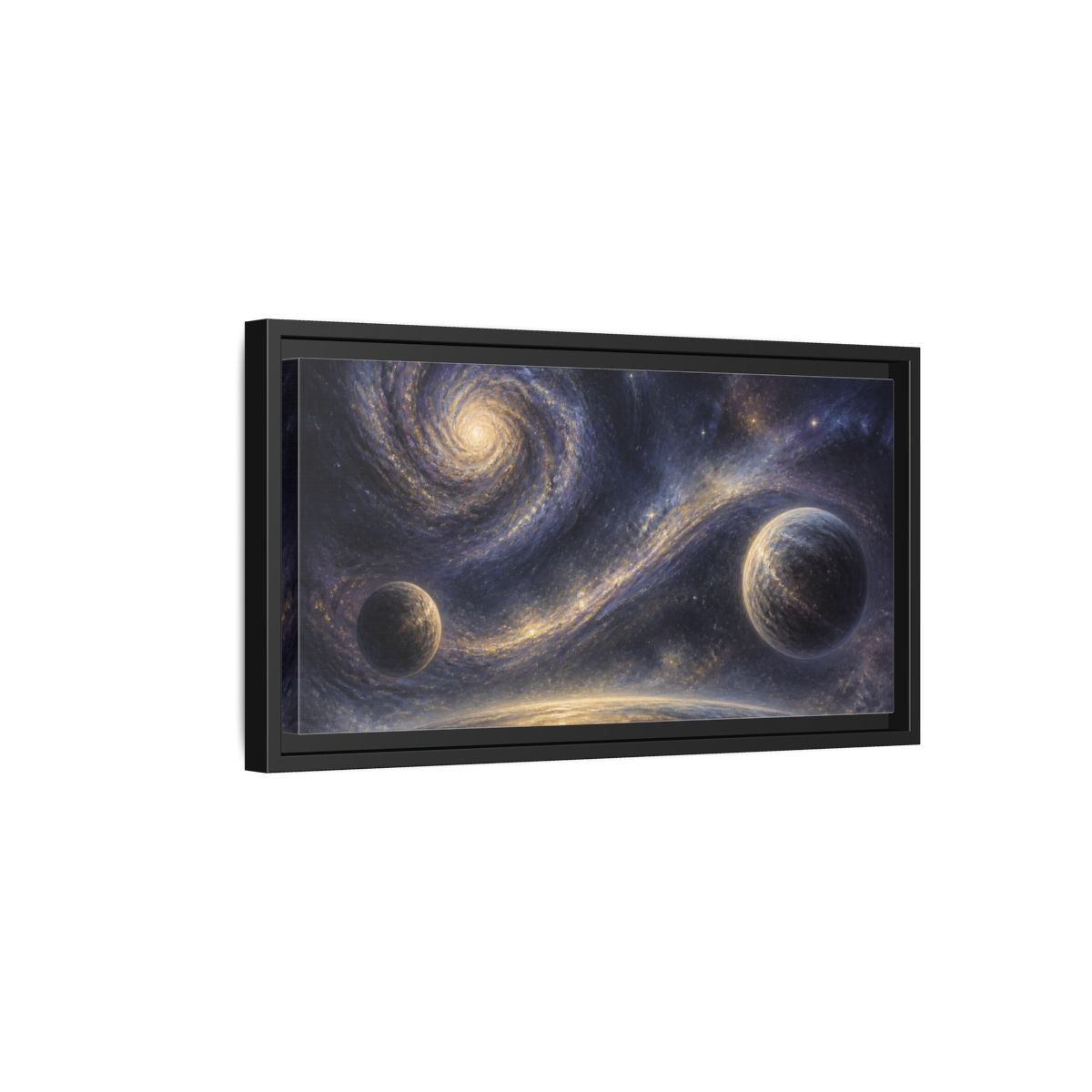 Side Mockup 8. Golden Spiral Galaxy shown as framed canvas print