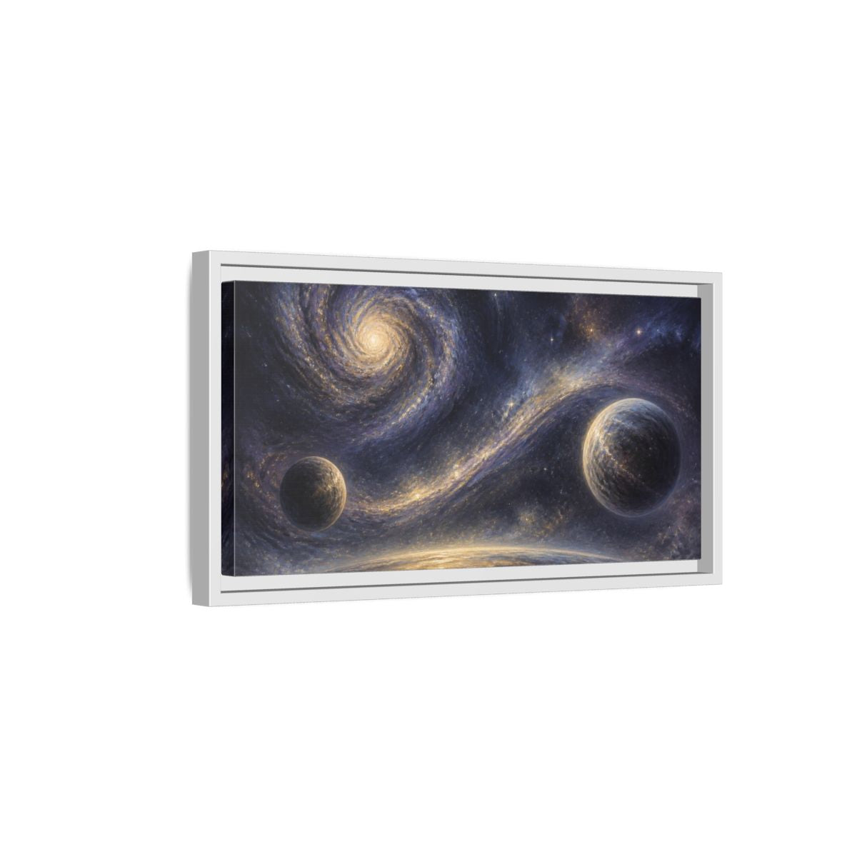 Side Mockup 6. Golden Spiral Galaxy shown as framed canvas print