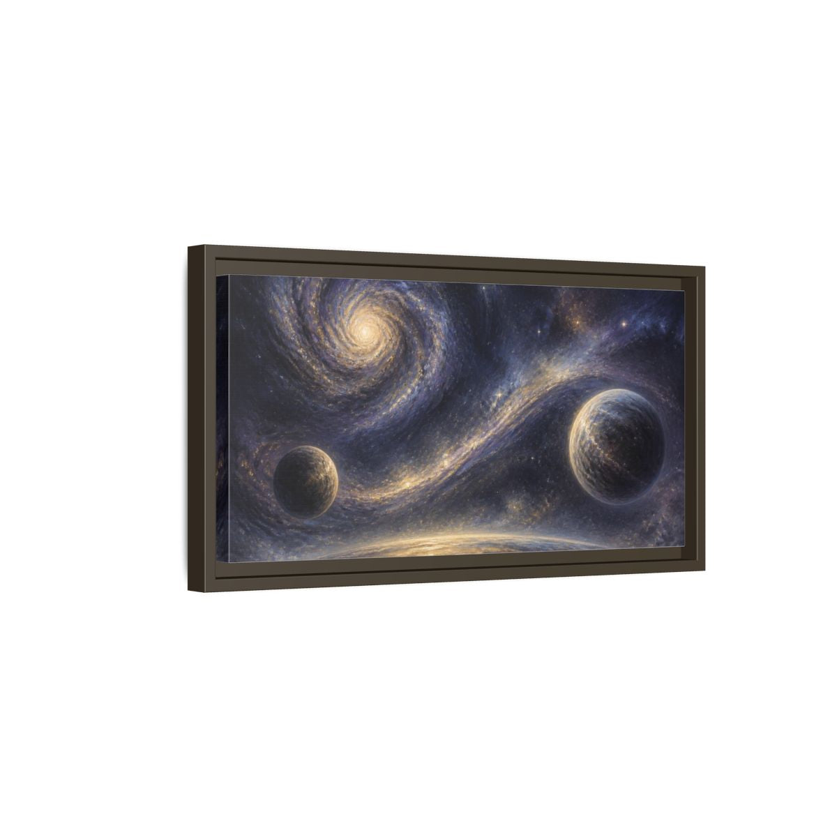 Side Mockup 7. Golden Spiral Galaxy shown as framed canvas print