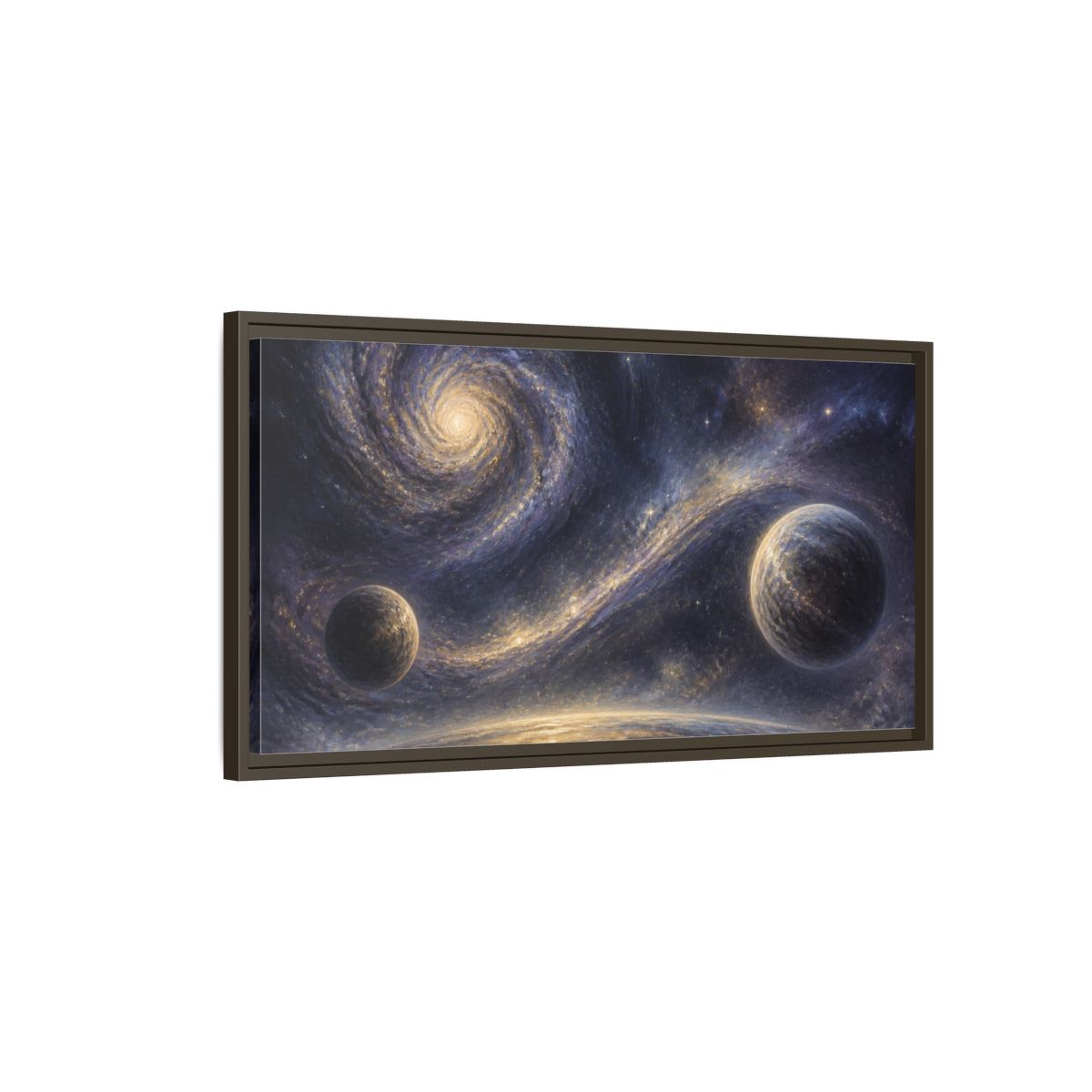 Main Mockup. Golden Spiral Galaxy shown as framed canvas print