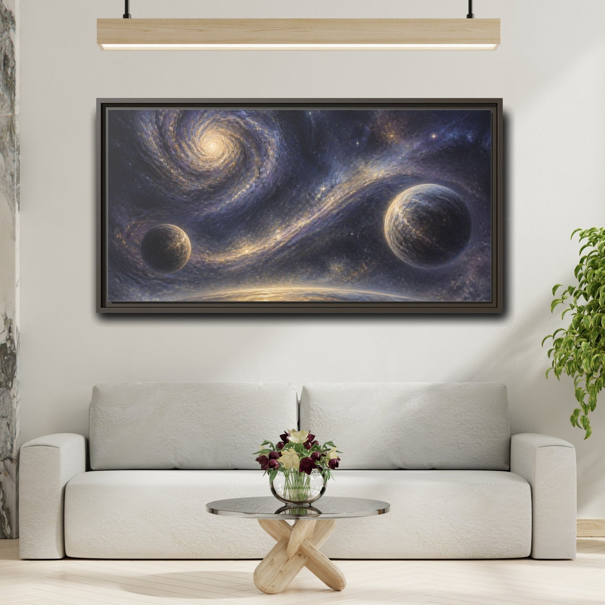 Mockup 2. Golden Spiral Galaxy shown as framed canvas print
