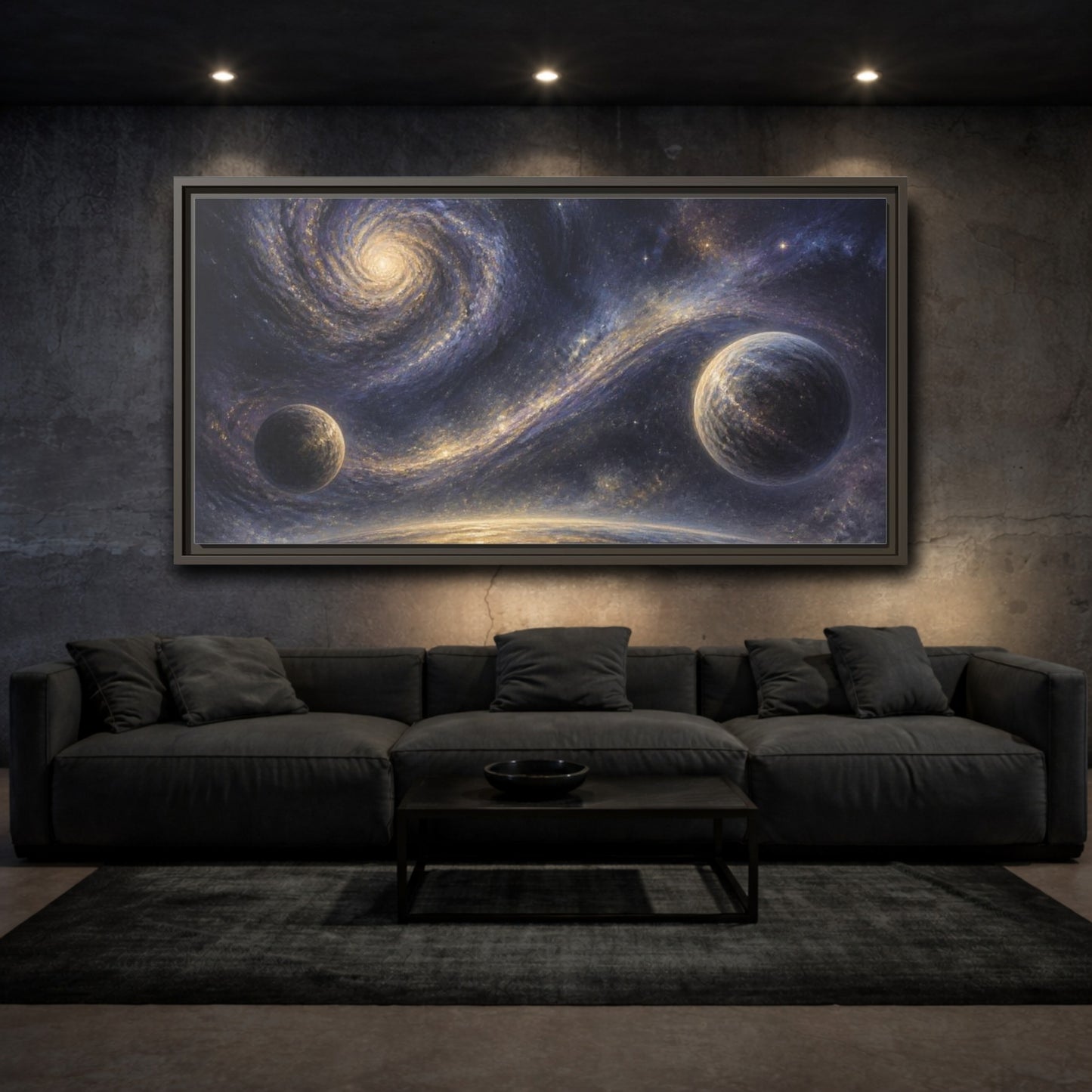 Mockup 3. Golden Spiral Galaxy shown as framed canvas print
