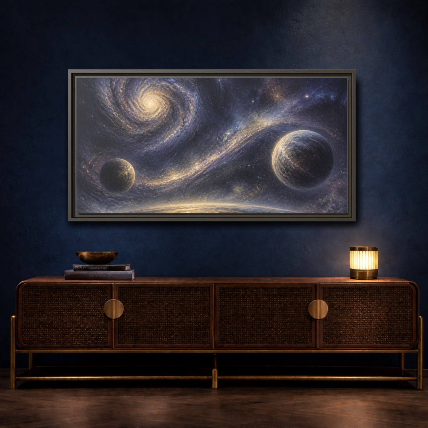 Mockup 4. Golden Spiral Galaxy shown as framed canvas print