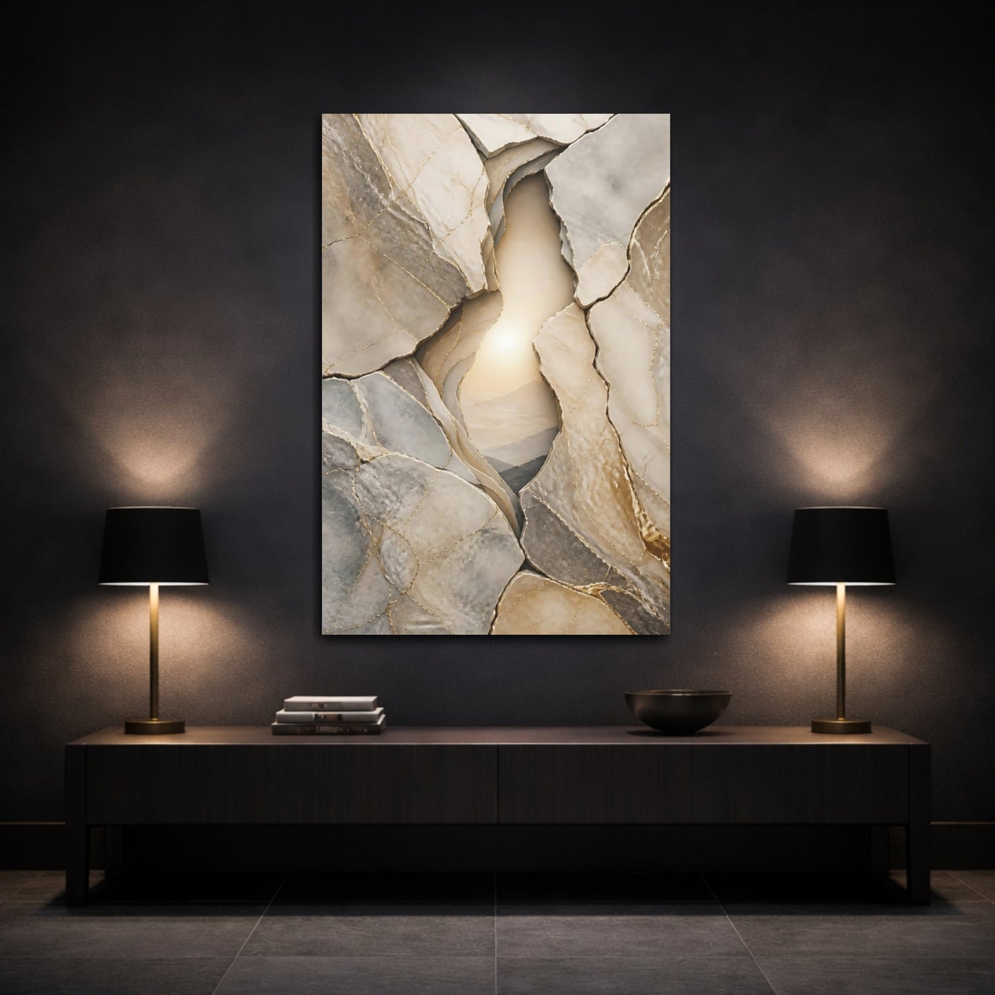 Mockup 3. Golden Stone Layers shown as canvas print
