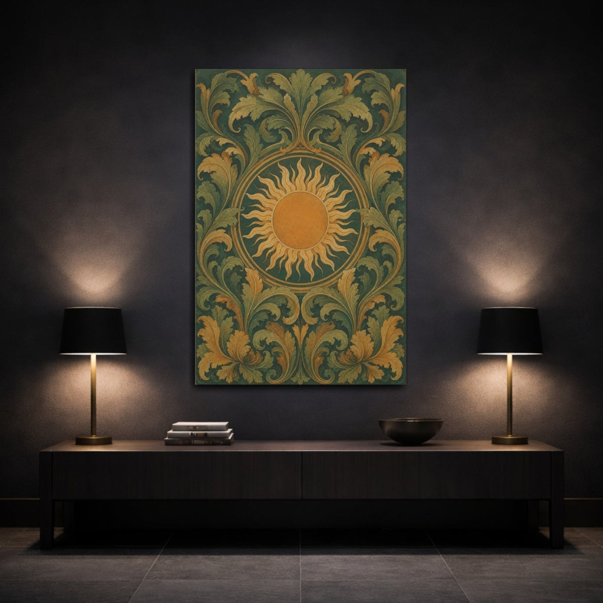 Golden Sun And Acanthus Canvas Print – Living Room, Above Sofa, Forest Green, Ochre, Gold - YesArtYes
