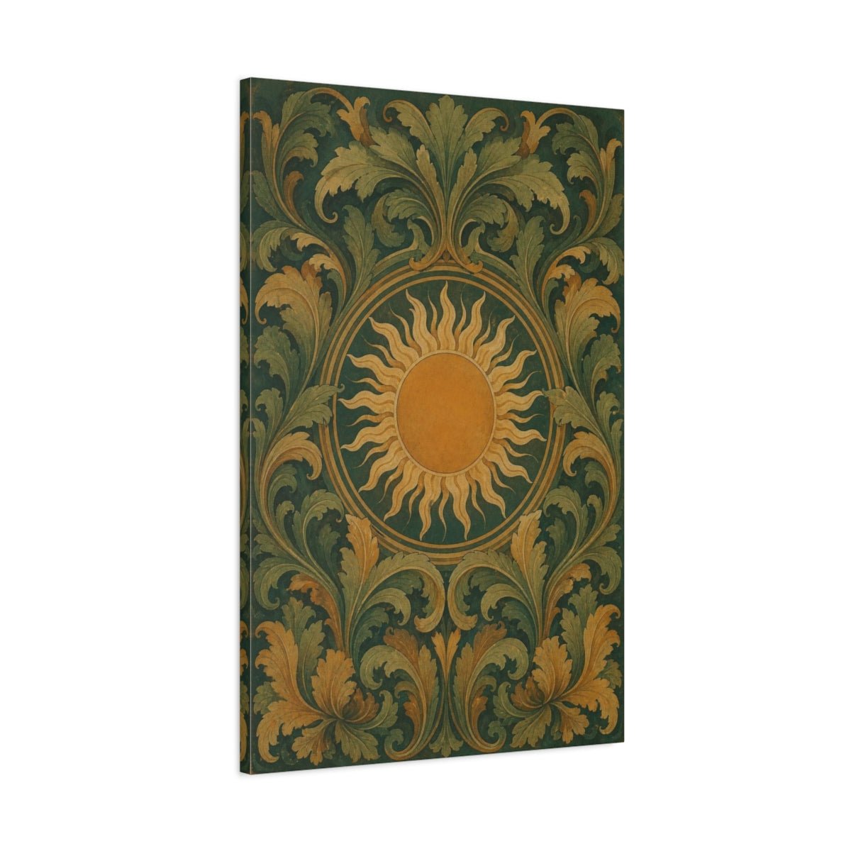 Golden Sun And Acanthus Canvas Print – Living Room, Above Sofa, Forest Green, Ochre, Gold - YesArtYes
