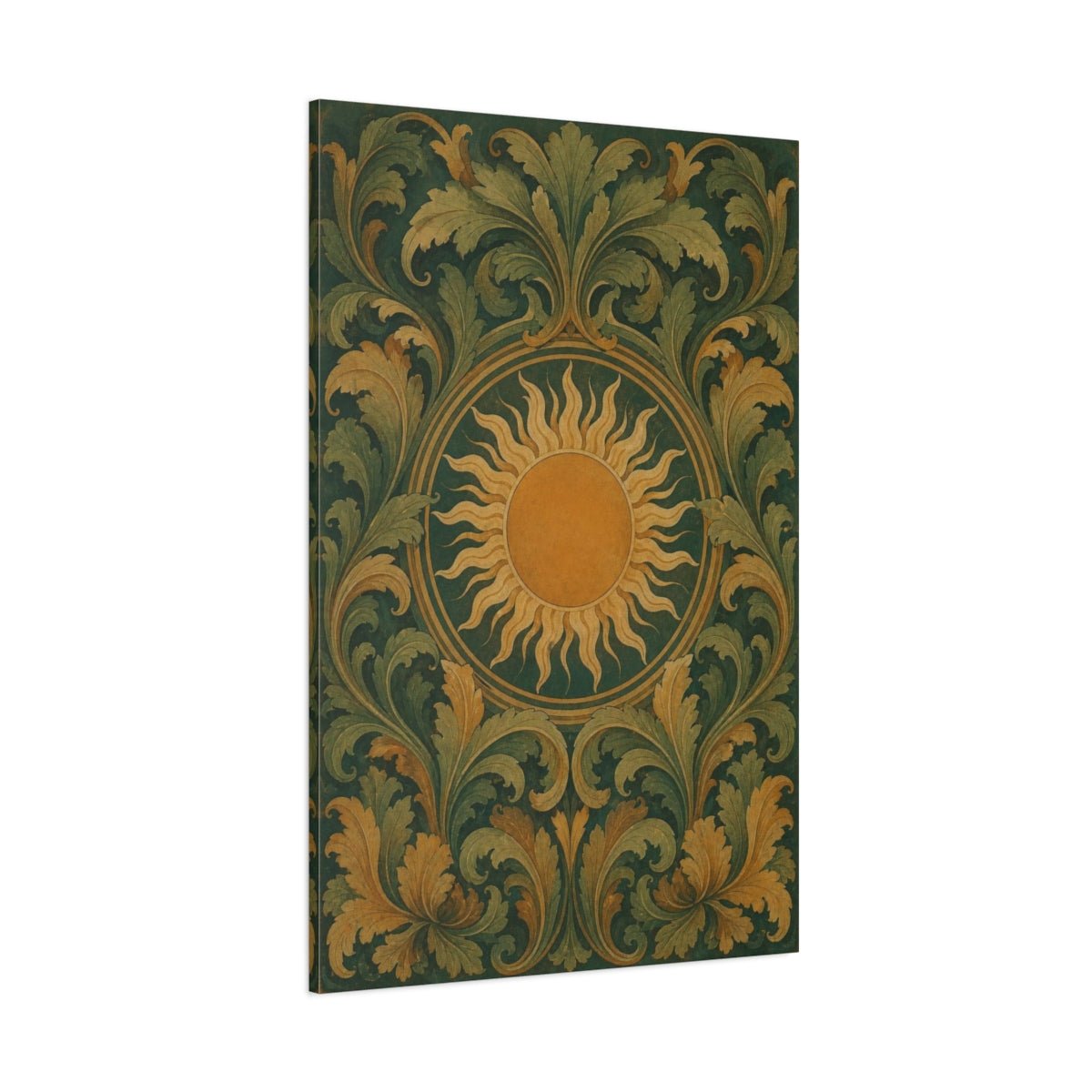Golden Sun And Acanthus Canvas Print – Living Room, Above Sofa, Forest Green, Ochre, Gold - YesArtYes