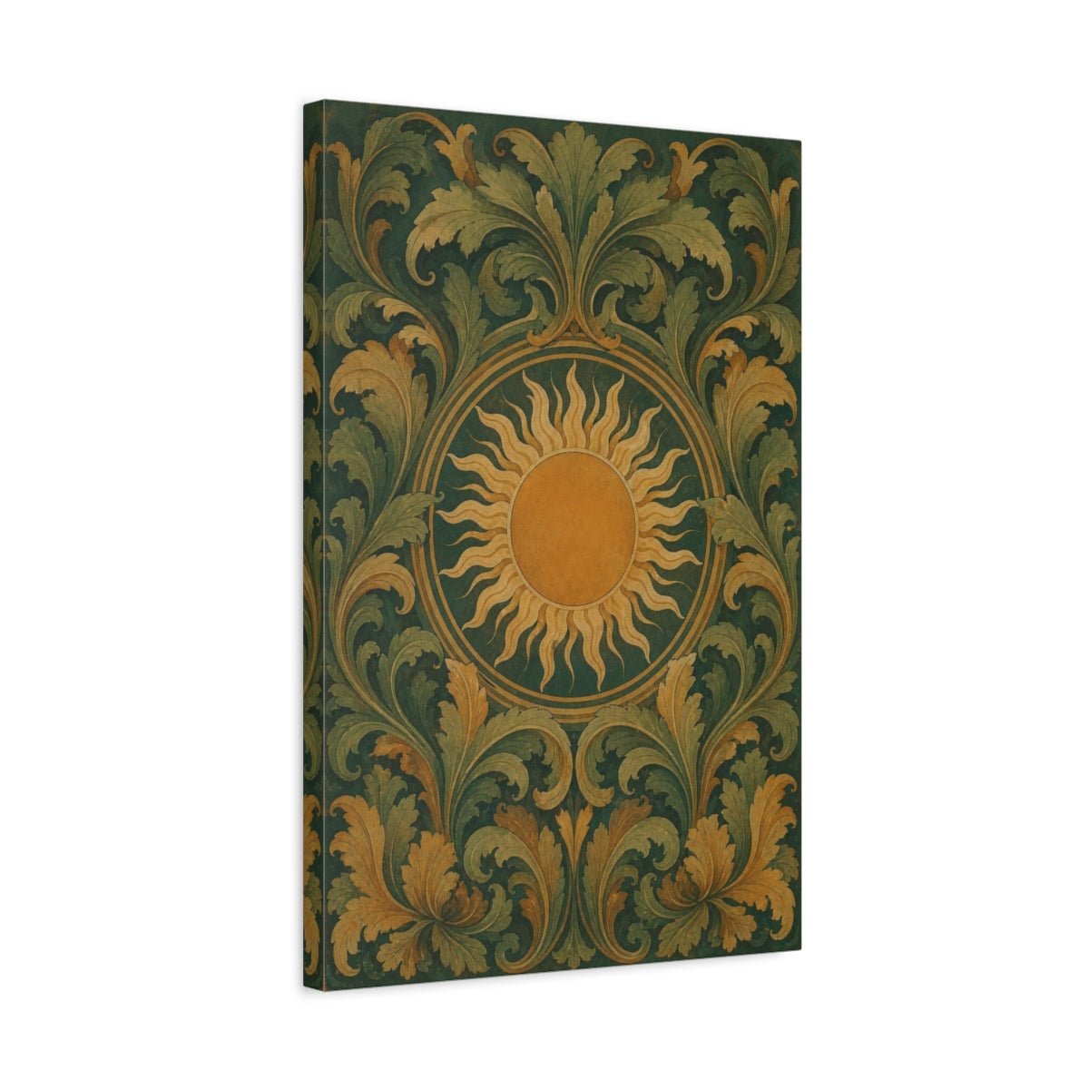 Golden Sun And Acanthus Canvas Print – Living Room, Above Sofa, Forest Green, Ochre, Gold - YesArtYes