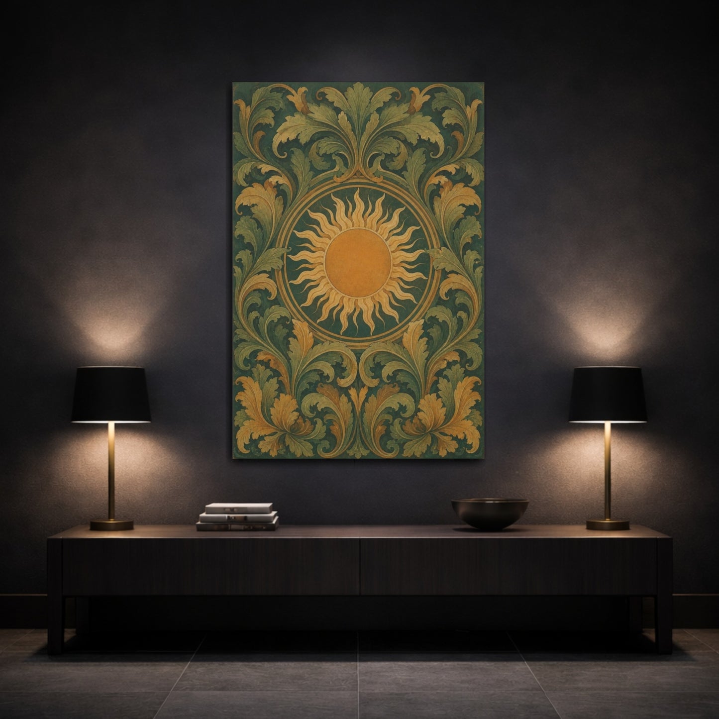 Mockup 3. Golden Sun And Acanthus shown as canvas print