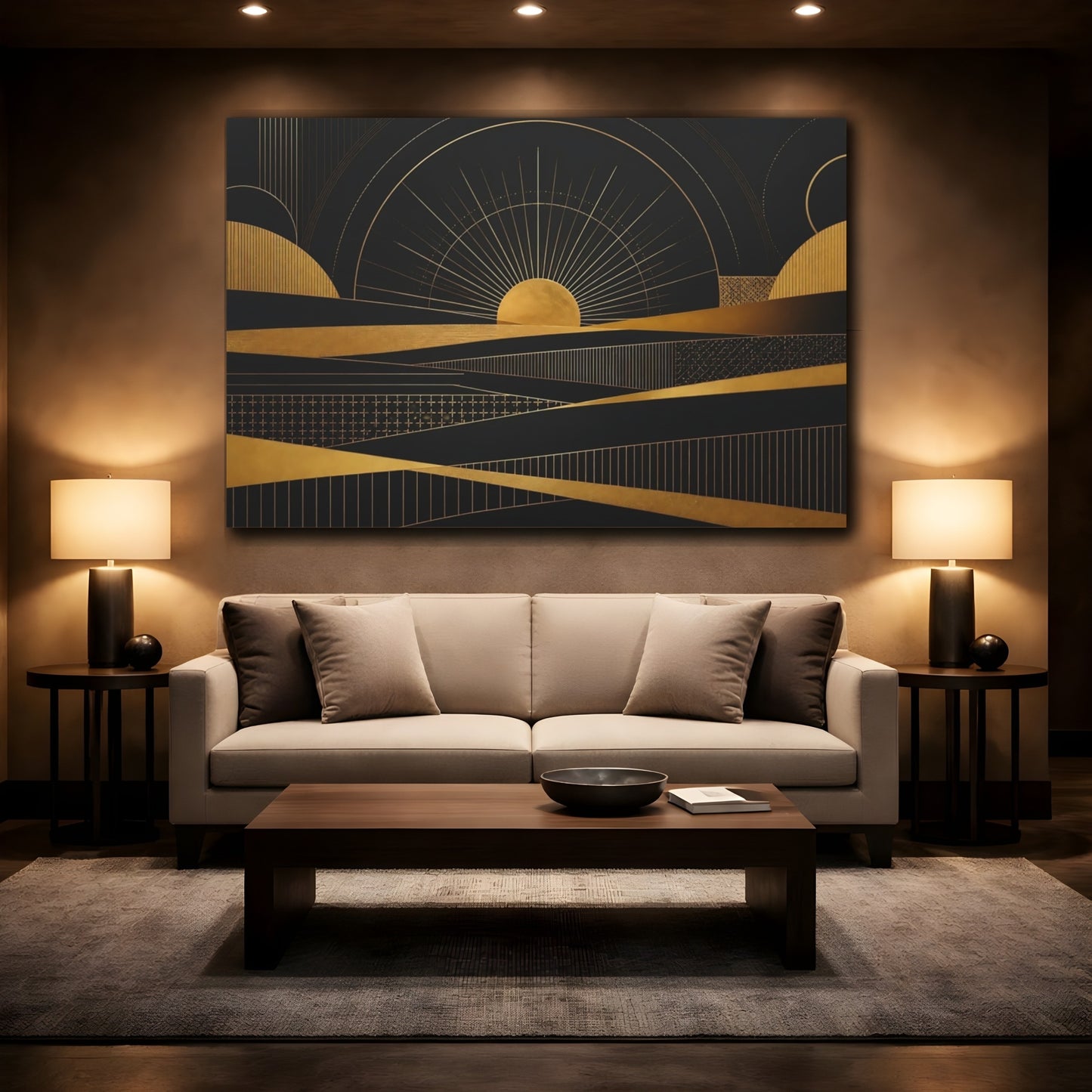 Mockup 2. Golden Sun Geometry shown as canvas print